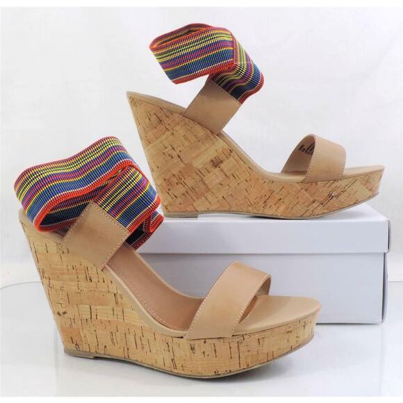 Steve Madden Roper Platform Wedge Sandal Heels Nude Bright Multi Size 9.5 - Picture 6 of 8